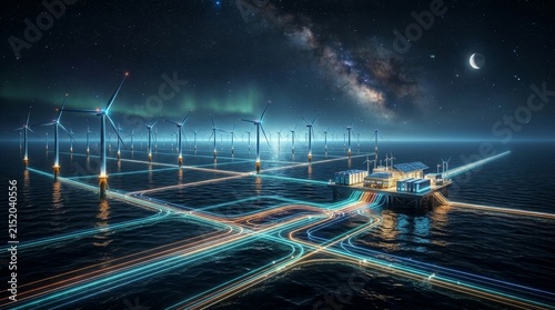 Futuristic Offshore Wind Turbine Farm Connected By Glowing Power Lines Under A Starry Night Sky