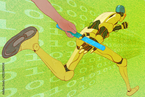 Human handing the baton on to robot in relay race