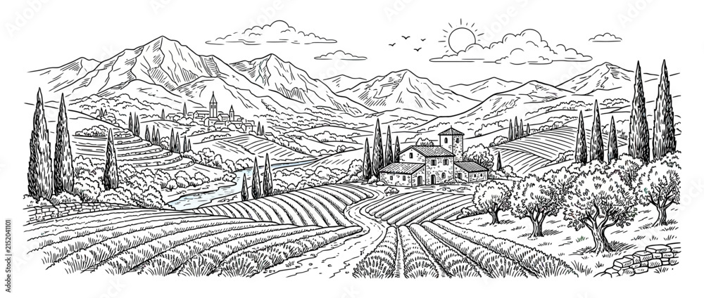 Fototapeta premium Vintage Italian Countryside Landscape Sketch