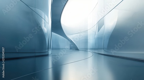 Futuristic white and blue interior architecture with curved walls for modern design concepts.