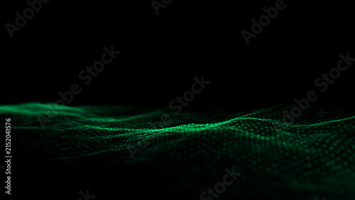 Abstract futuristic wave with moving dots. Flow of colored particles and lines. Cyber technology illustration. Big data visualization. 3d rendering