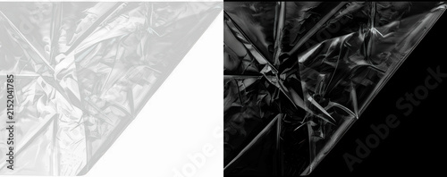 Abstract black and white crumpled plastic texture, glossy metallic foil overlay with sharp geometric folds, modern monochromatic digital art for futuristic tech branding, wallpaper and luxury design