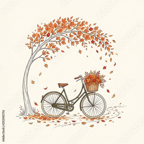 Watercolor autumn tree with vintage bicycle and falling leaves illustration