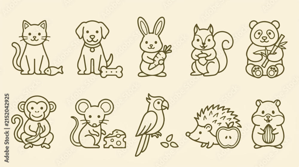 Obraz premium Minimalist animal line icons set, 10 cute pet and wildlife vector illustrations, simple outline animal characters for kids branding