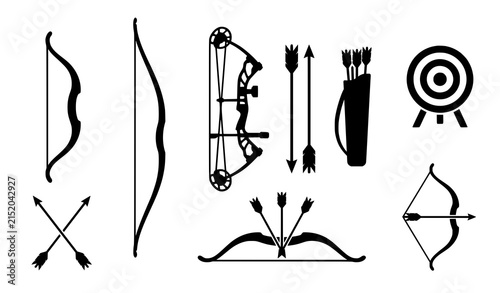 Black Bow and Arrow Archery Equipment Silhouette Vector Icon Set