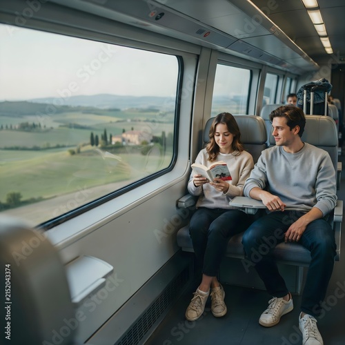 A man and woman are sitting together inside a modern train, looking at a phone or reading material while traveling through a scenic countryside. Large windows reveal green fields, rolling hills, trees