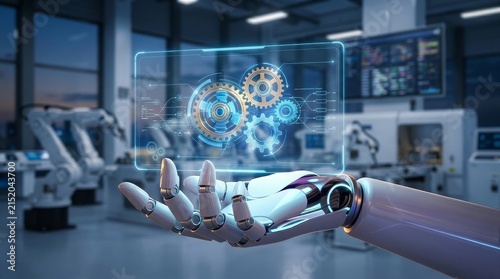 Robotic Hand Presenting Glowing Digital Interface Gears Symbolizing Artificial Intelligence Automation In Modern Factory Setting
