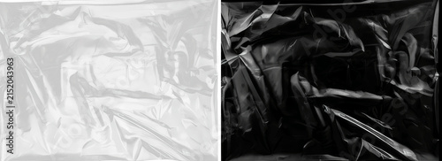 Wrinkled plastic wrap texture set in black and white, glossy transparent overlay with folds and crinkles for realistic digital collage, modern graphic design, packaging mockups and abstract