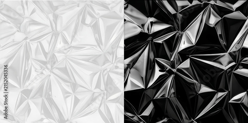Black and white crumpled foil background, metallic abstract texture with sharp glossy folds and light reflections, 3D render for luxury product display, modern tech branding and creative digital