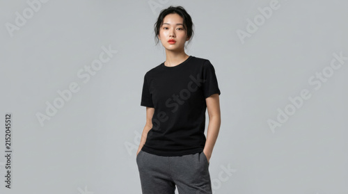 Young Asian woman in black t-shirt and grey pants standing confidently