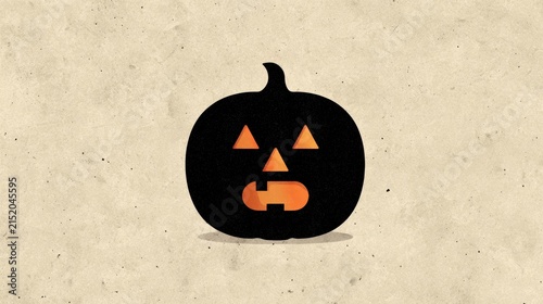 A minimalist black Halloween pumpkin silhouette with glowing orange facial features on a textured beige background.
