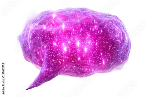 A vibrant, glowing purple speech bubble with intricate light patterns and sparkles, symbolizing communication and digital interaction.
