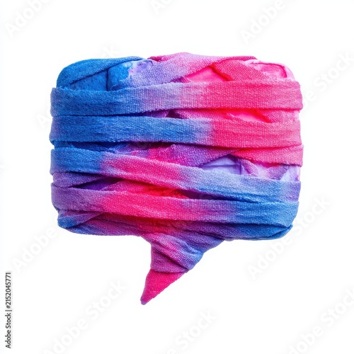 A textured speech bubble wrapped in pink, purple, and blue fabric, symbolizing communication and expression with a colorful, woven design.