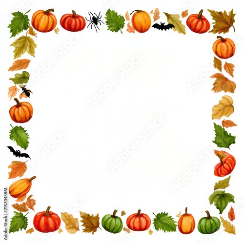 A festive autumn-themed square border with pumpkins, fall leaves, spiders, and bats, perfect for Halloween or Thanksgiving designs.