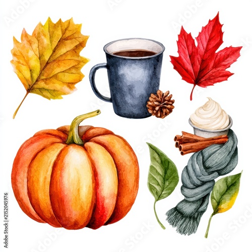 Autumn-themed watercolor illustration featuring a pumpkin, warm drink, colorful leaves, pinecone, cinnamon sticks, and a cozy scarf.