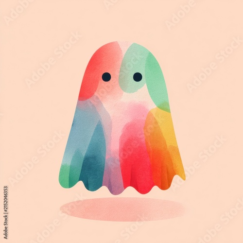 A colorful, abstract ghost figure with soft watercolor textures floats above a subtle shadow on a light peach background.