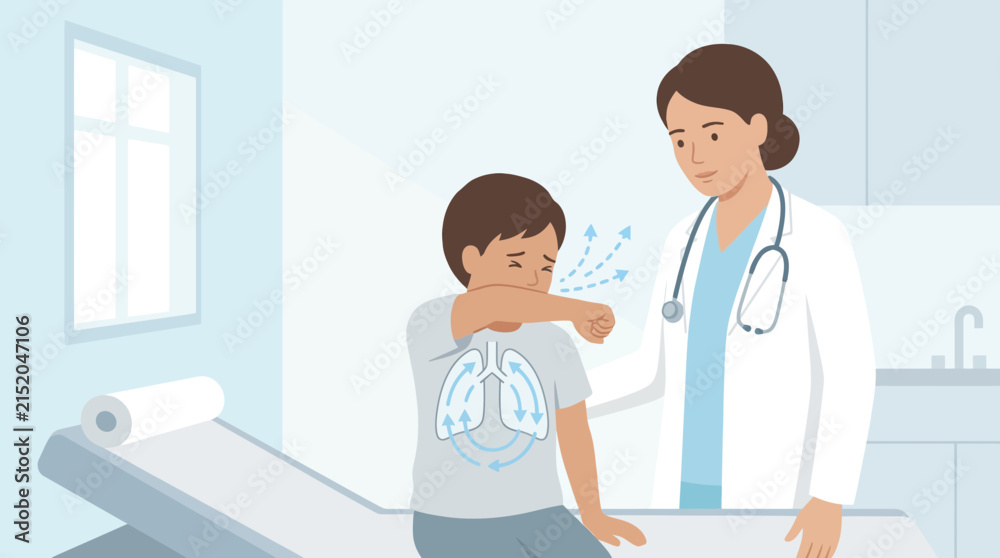 Obraz premium Doctor with child coughing into elbow, medical illustration