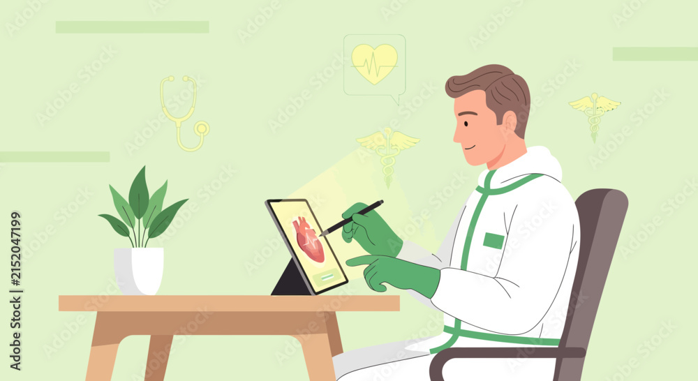 Fototapeta premium Doctor using tablet for heart analysis with medical icons