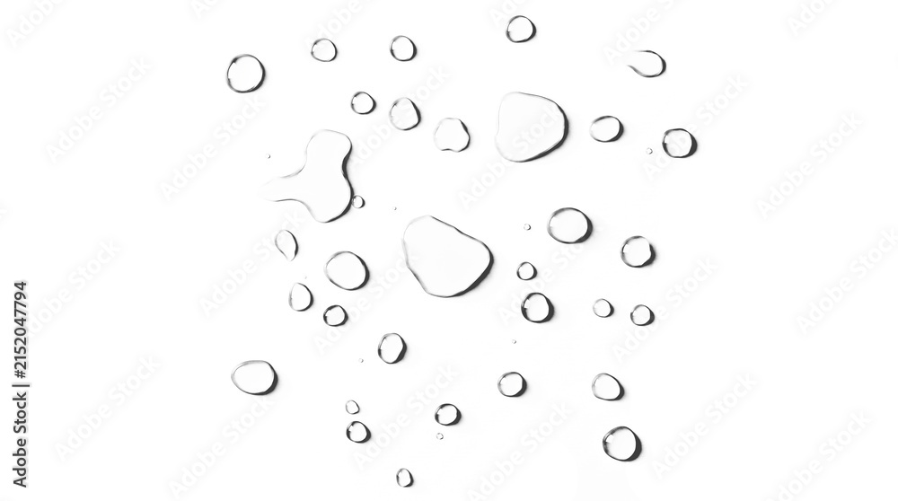 Fototapeta premium Irregular translucent water puddles and clear droplets on a transparent background