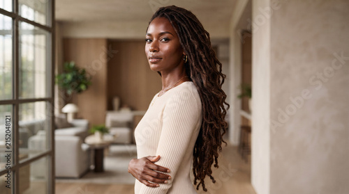 Portrait of a confident young Black woman with long dreadlocks standing in a modern home interior.