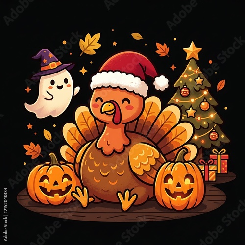 Cute cartoon turkey with Santa hat, Halloween ghost, pumpkins and Christmas tree