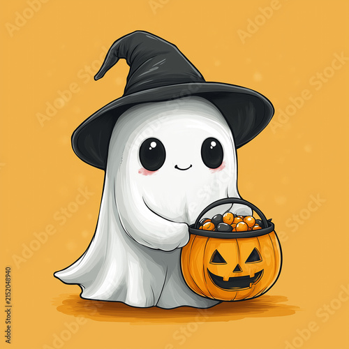 Cute funny cartoon ghost holding a carved Halloween pumpkin and smiling, friendly phantom illustration
