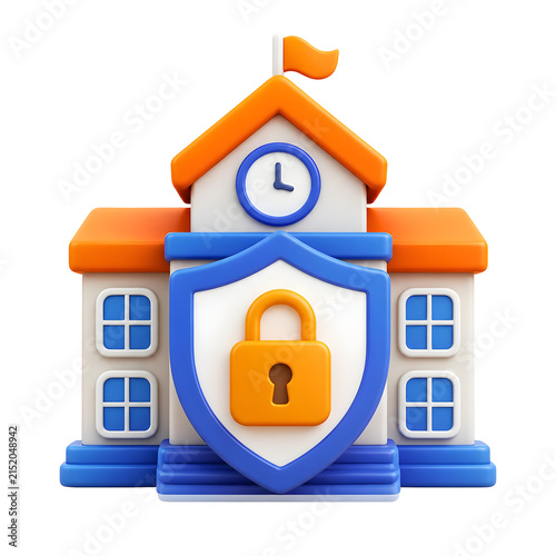 Back to School Season Peak 3D rendered icon of a secure educational building with a shield and padlock.