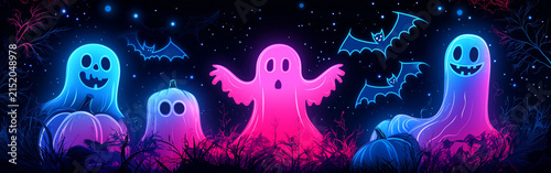 Vibrant illustration of glowing neon pink and blue ghosts and flying bats on dark background, modern Halloween design