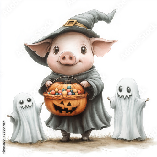 Cute cartoon pig playing with friendly little ghosts and colorful Halloween candies, sweet holiday illustration