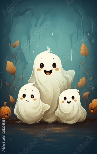 Adorable cartoon ghost illustration smiling with tiny star sparkles, funny cute Halloween character design