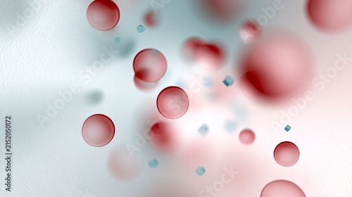 Obraz na płótnie Soft red spheres and tiny blue cubes float in a hazy, bright background