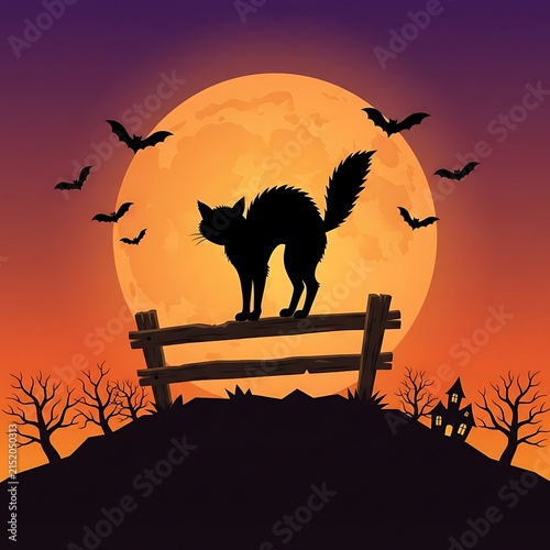 Black cat silhouette on a fence against a full moon for Halloween night background.