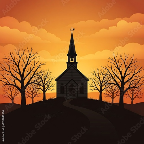Church silhouette on a hill at sunset with bare trees and a winding path in autumn.