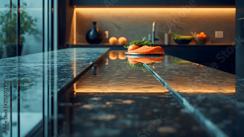 Modern Black Marble Countertop Close-up with Integrated LED Strip Lighting