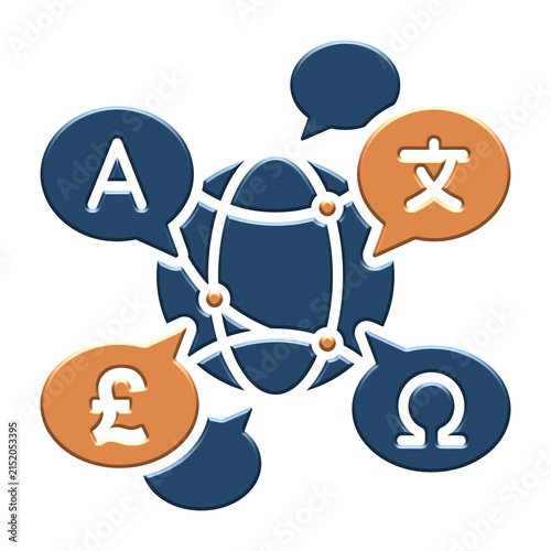 Cuadro en lienzo 3D global translation icon with speech bubbles showing language symbols, representing international communication and dictionary learning services, isolated on a transparent background PNG 3D element