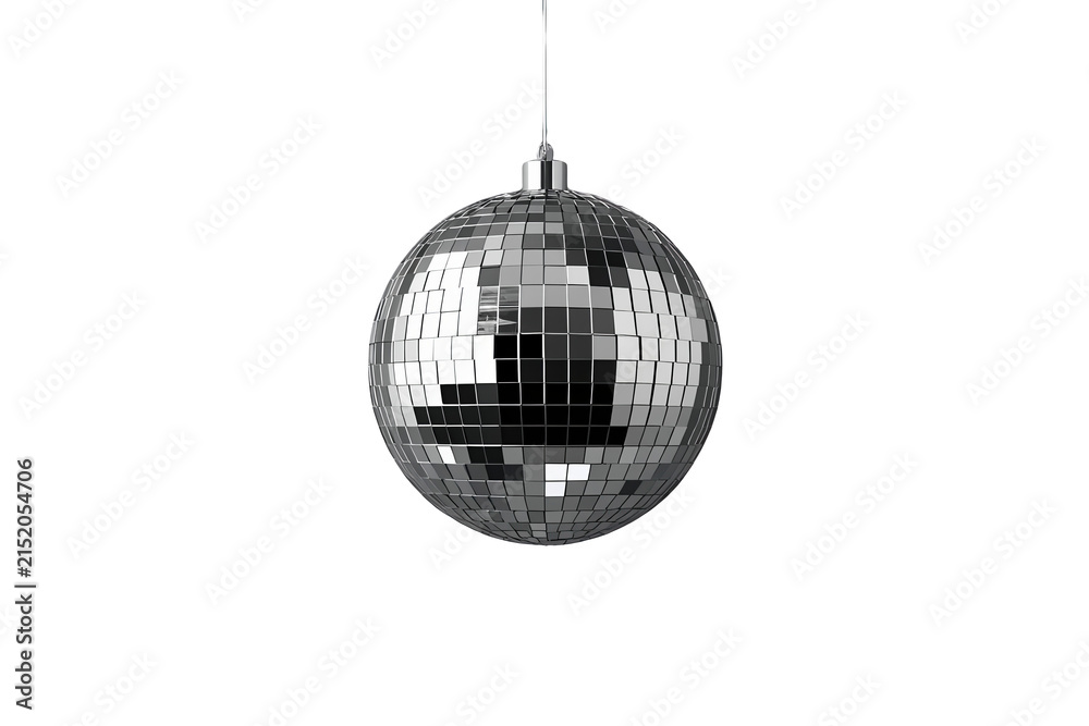 Fototapeta premium Hanging silver mirror ball covered with small reflective square tiles