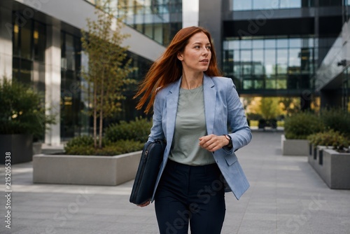Professional young businesswoman walking in a modern office environment.