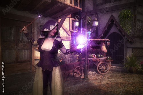 Digital 3D render of female sorceress in purple hooded costume casting glowing purple magic orb spell with wand in atmospheric medieval fantasy town marketplace setting.