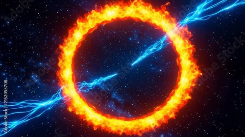 Abstract ring of fire with blue energy laser beam in deep space