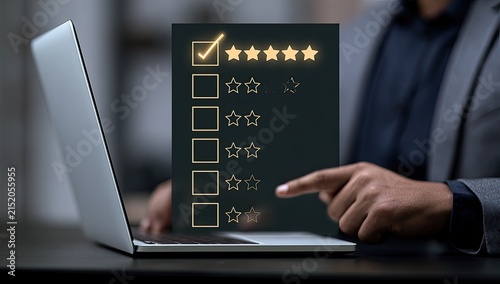 Person selecting a 5-star rating on a glowing digital survey screen