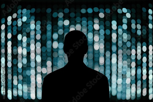 Silhouette of a person against a shimmering, bokeh-filled abstract backdrop