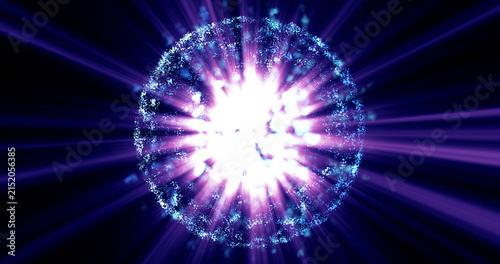 Abstract glowing blue energy sphere with particle effects radiates light against a dark background, representing technology, science, and cosmic power concepts. 
