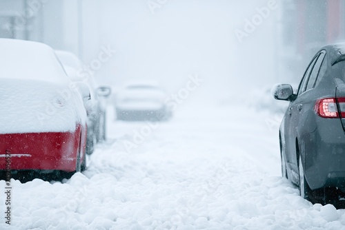 Vehicles parked on snowy street during a blizzard