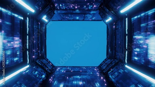 Abstract neon tunnel with glowing particles moving forward in a futuristic cyberspace environment