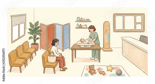 Naklejka 保健センターの乳幼児健診の場面 手描きイラスト 白背景 横長