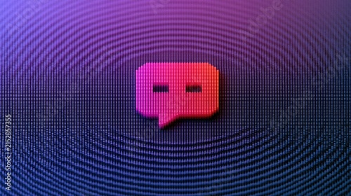 Pixelated speech bubble icon in vibrant pink and purple gradient on dark background