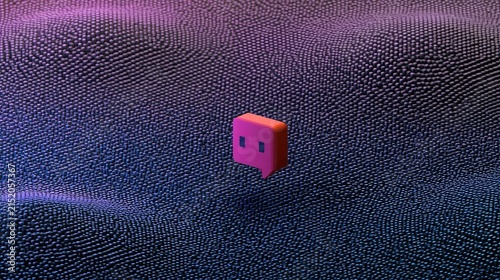 A minimalist speech bubble floats in a digital, textured, gradient landscape