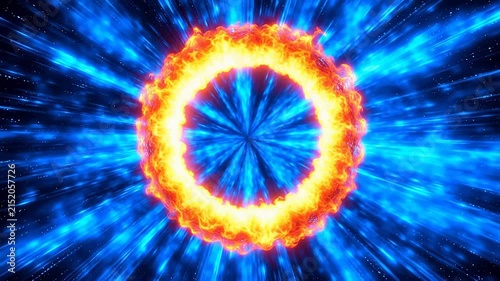 Abstract fiery portal and glowing blue energy vortex burst in space background