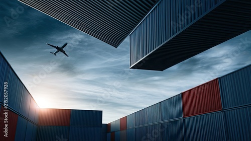 Shipping containers frame a distant airplane in a dramatic, cloudy sky