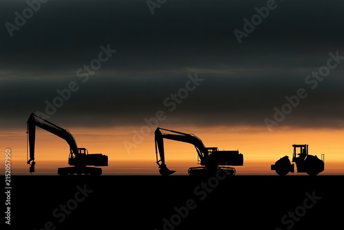 Silhouettes of excavators and a roller against a dramatic sunrise sky